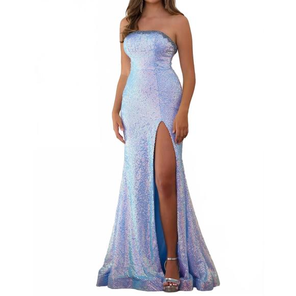 NEW AVA PRESLEY strapless iridescent sequin gown in powder blue